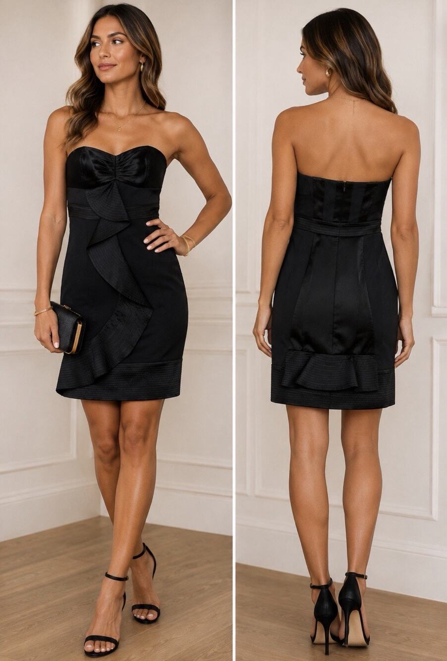 Karen Millen Black Strapless Cocktail Dress Size 6 Ruffle Bodycon Formal Party